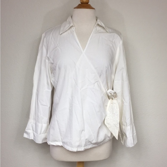 NWT New Coldwater Creek Off White Embroidered 100% Cotton Wrap Blouse Size Large - Picture 1 of 16